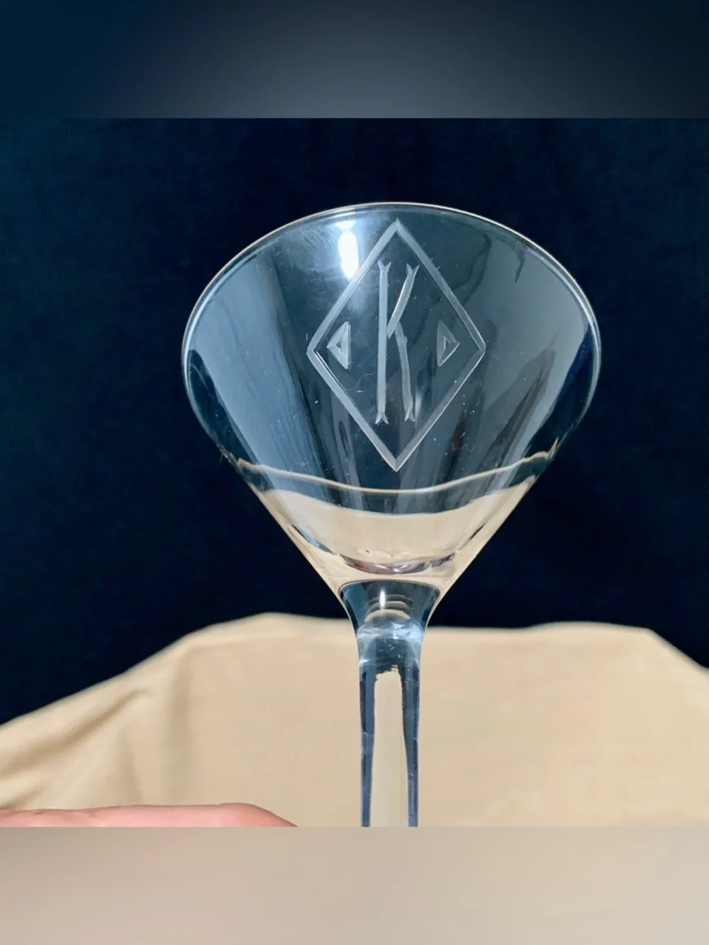 🔍 Vintage Etched Monogram (4) Martini Glasses Diamond 
